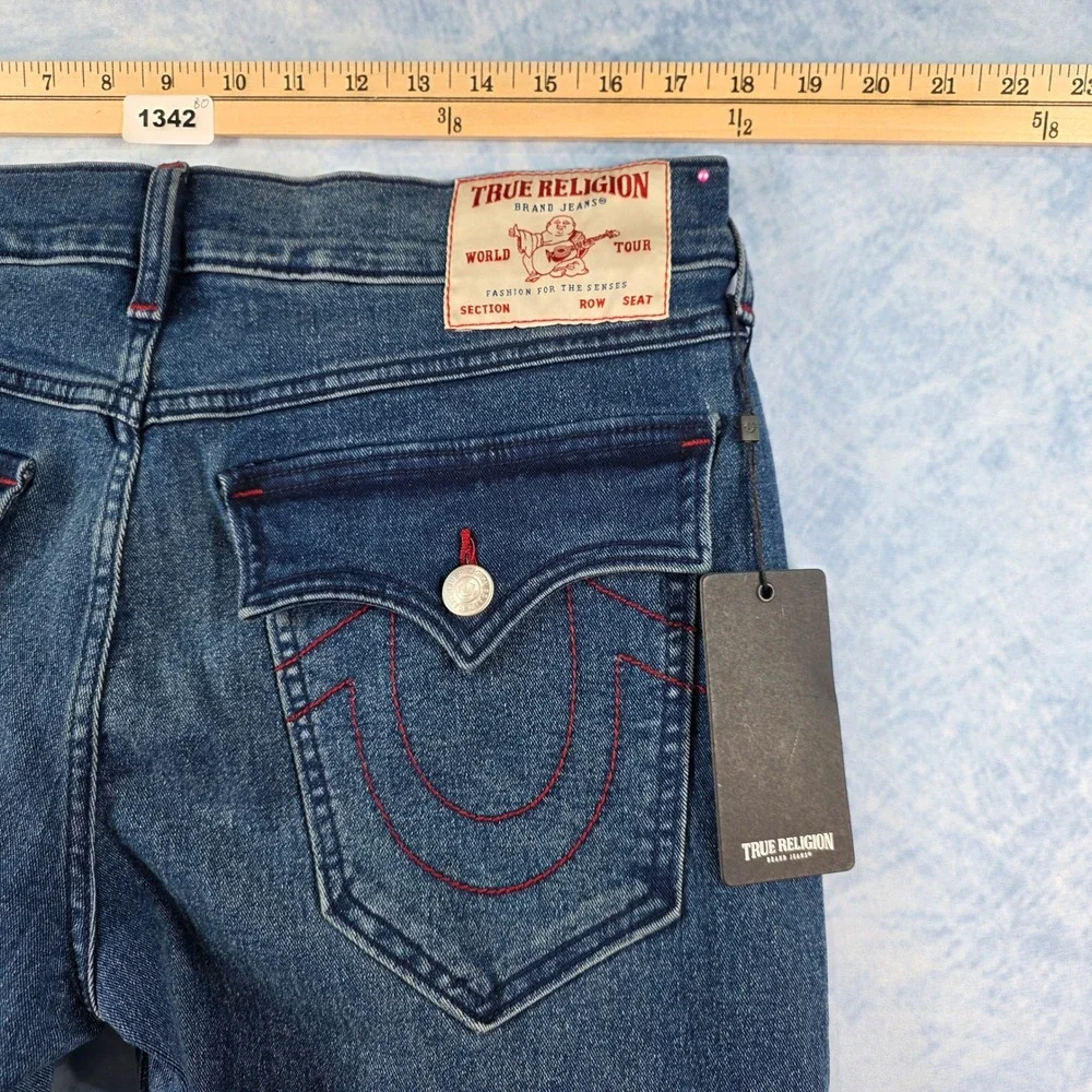 True Religion Ricky Relaxed Straight Jeans Blue Red Horseshoe Stitching Mens‎ 34